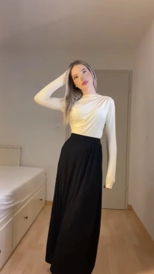 Black Maxi Skirt with Cream Draped Long-Sleeved Top — Classy Long Skirt Outfits