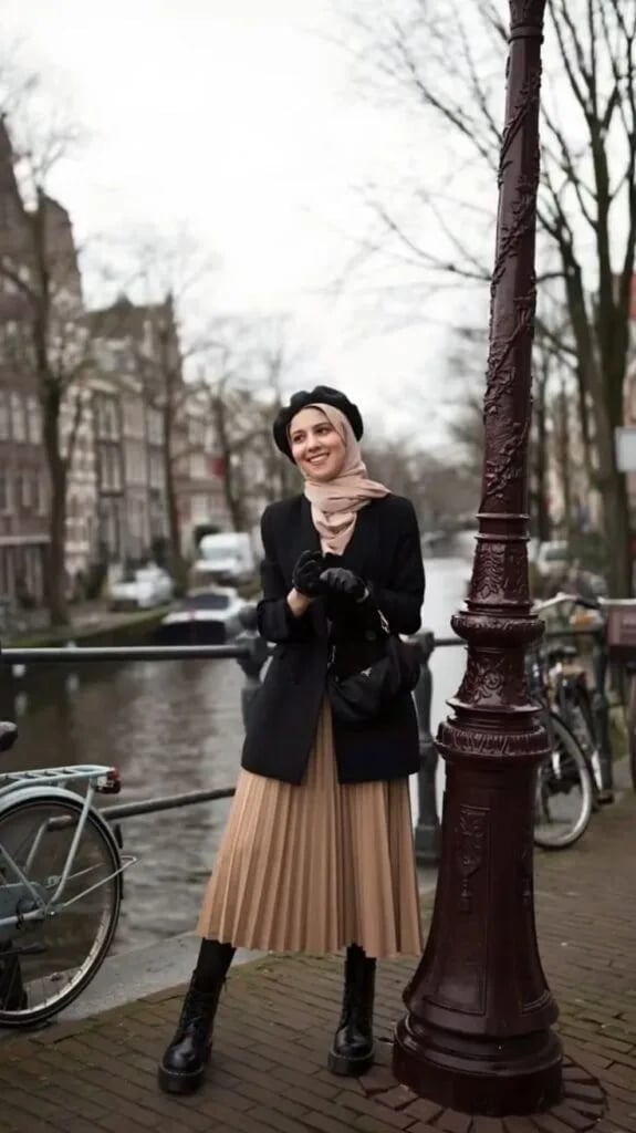 Beige Pleated Midi Skirt with Black Blazer and Scarf — Classy Long Skirt Outfits