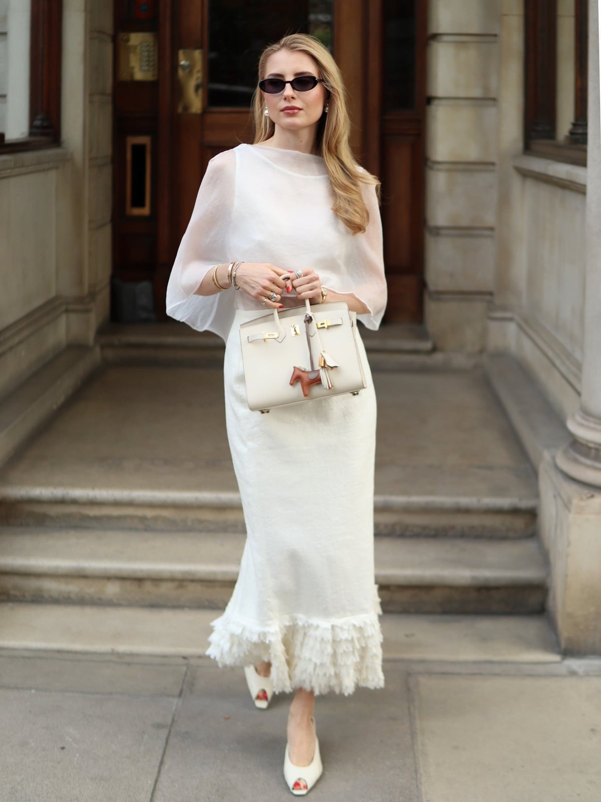 Textured White Maxi Skirt with Ruffled Hem and Sheer Overlay Top — Classy Long Skirt Outfits