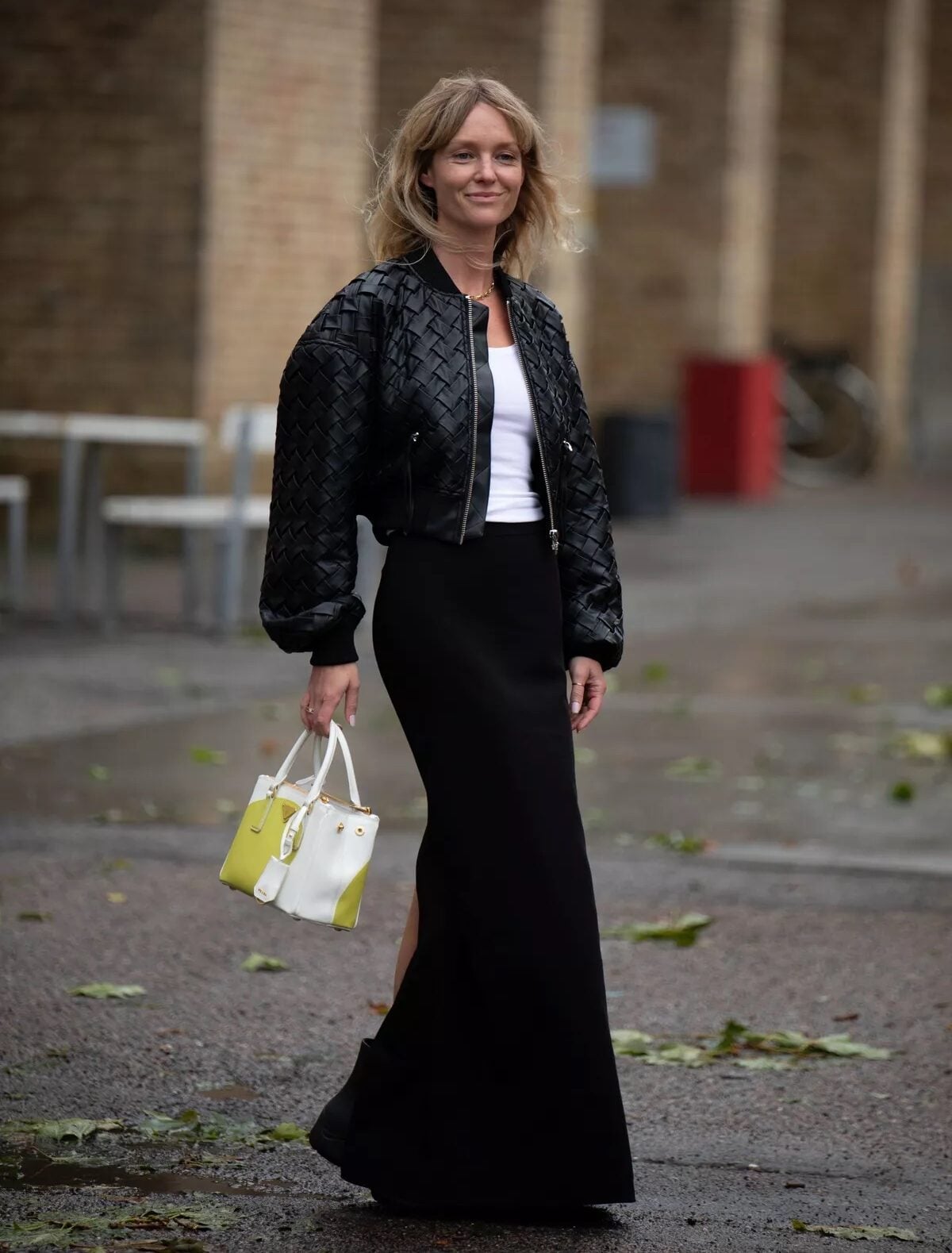 Fitted Black Maxi Skirt with White Tank and Leather Bomber Jacket — Classy Long Skirt Outfits