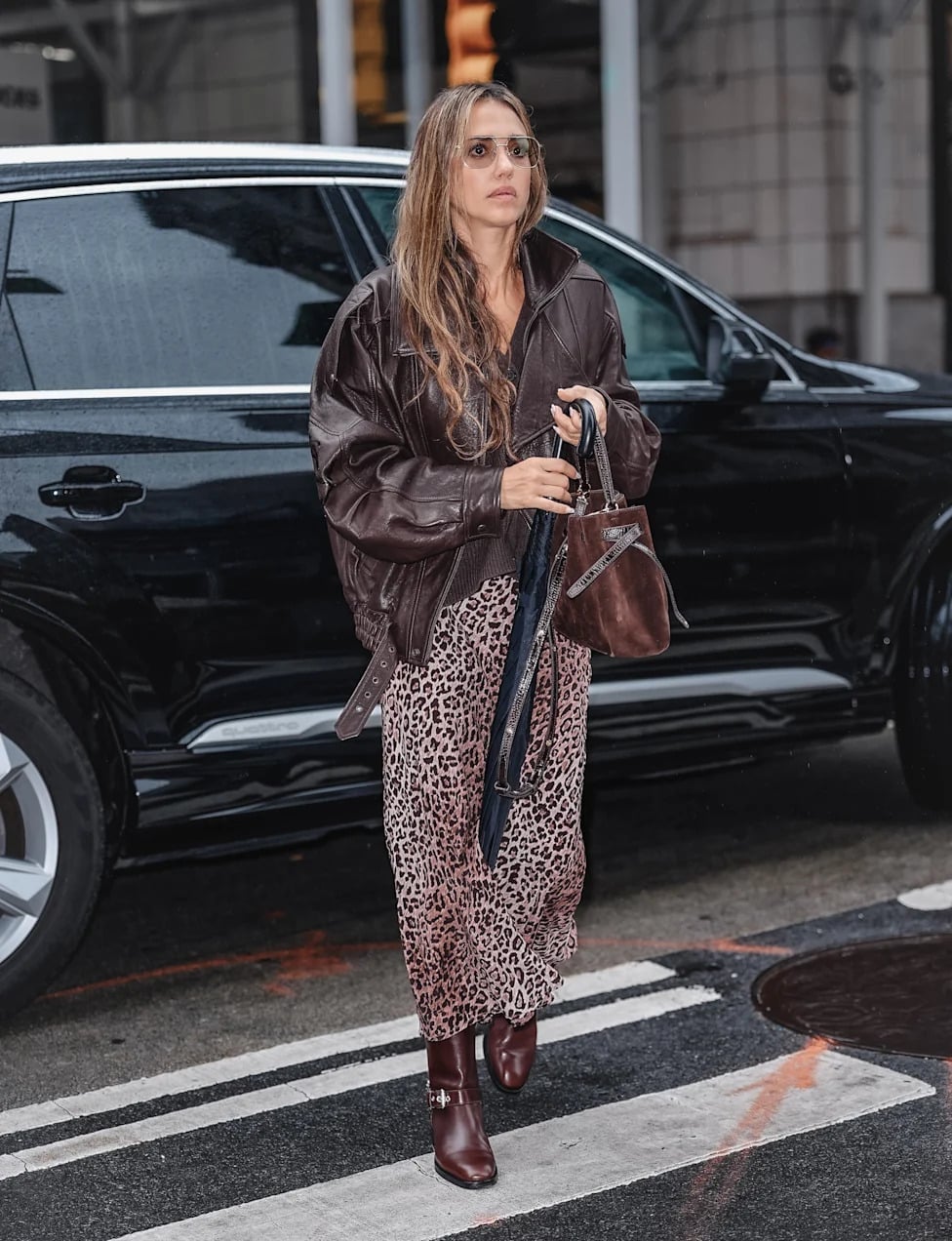 Leopard Print Silk Maxi Skirt with Leather Jacket — Classy Long Skirt Outfits