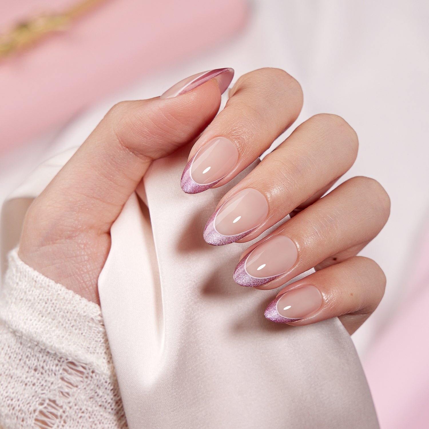 Sheer Nude With Pink Glitter French Almond Nails Sheer Nude With Pink Glitter French Almond Nails — Classy Looks Nail
