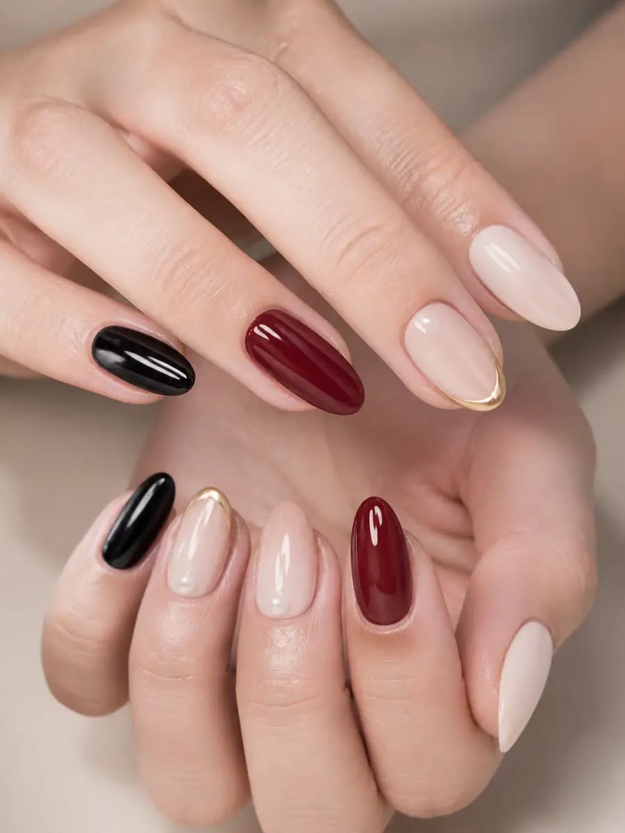Mixed Color Oval Nails With Gold French Accent Mixed Color Oval Nails With Gold French Accent — Classy Looks Nail