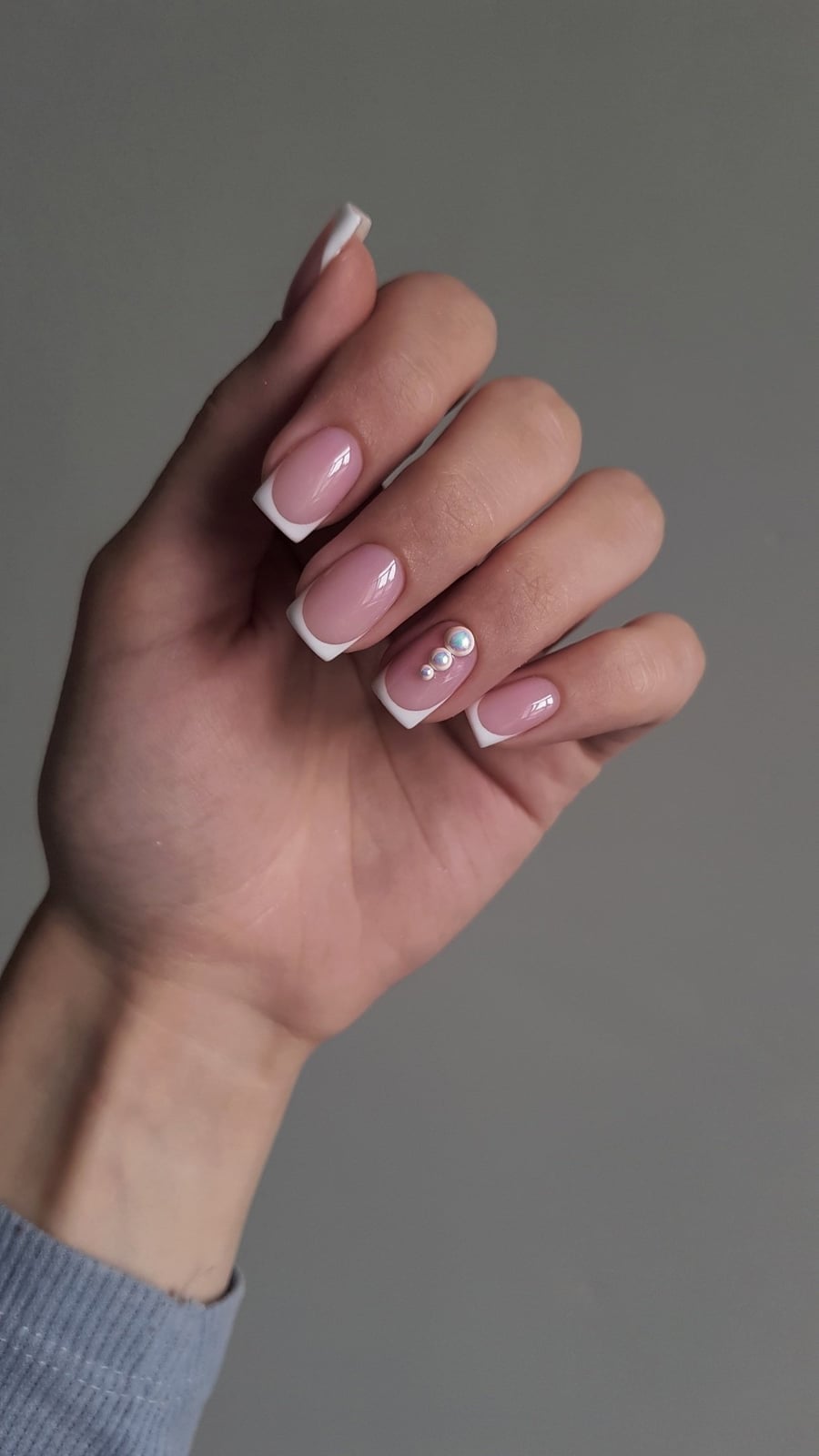 Classic Pink Base White Tip Square Nails With Pearls Classic Pink Base White Tip Square Nails With Pearls — Classy Looks Nail