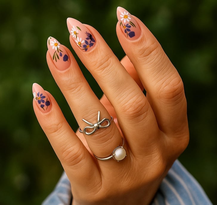Long Almond Peach Nails With Daisy Floral Art Long Almond Peach Nails With Daisy Floral Art — Classy Looks Nail