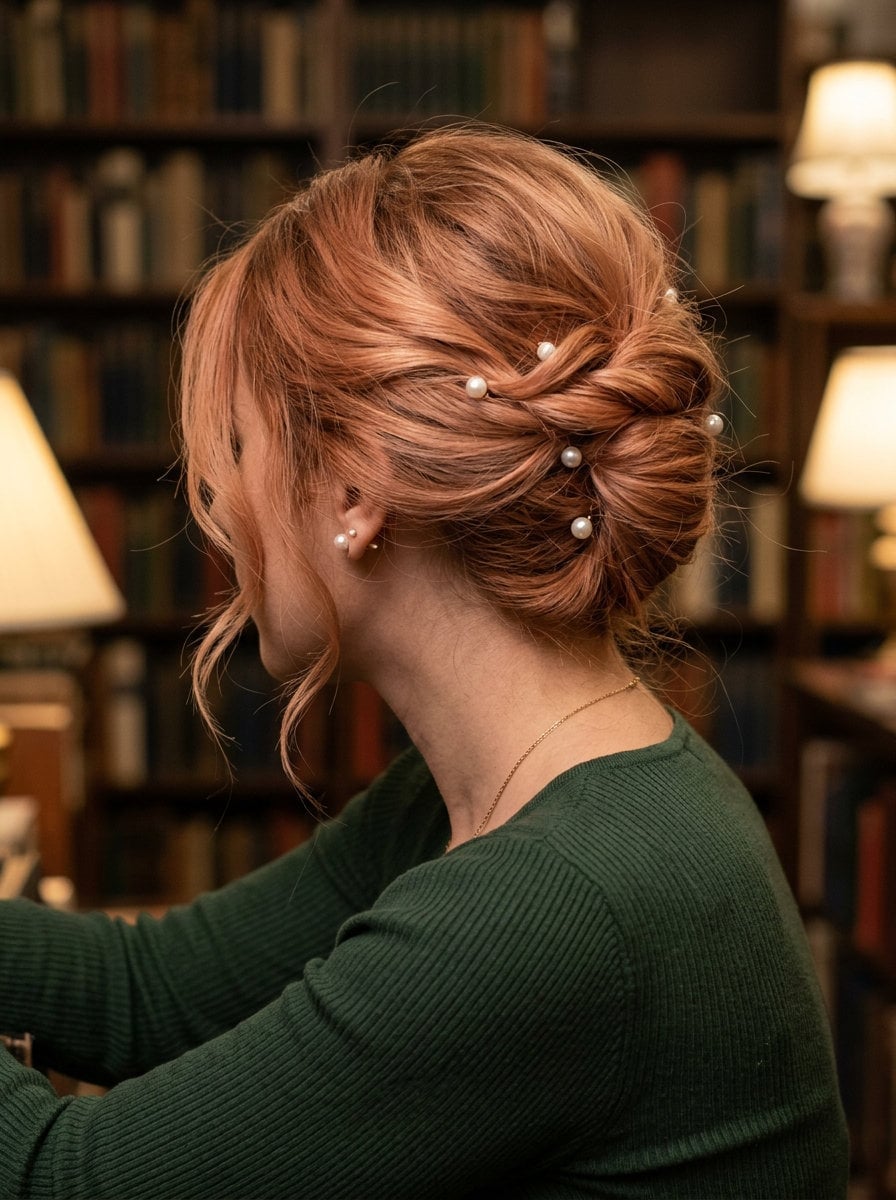 Reddish-Blonde Braided Updo With Pearls Reddish-Blonde Braided Updo With Pearls — Classy Loose Updo
