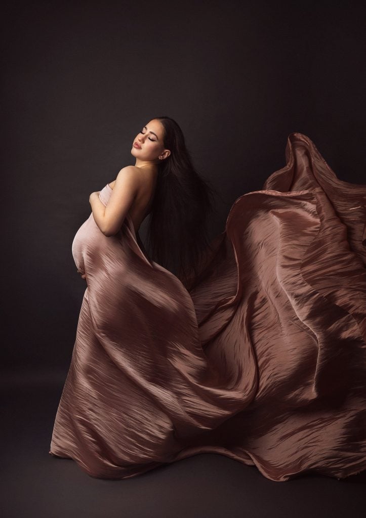 Rose Gold Off-Shoulder Flowing Gown Rose Gold Off-Shoulder Flowing Gown — Classy Maternity Photoshoot Outfits