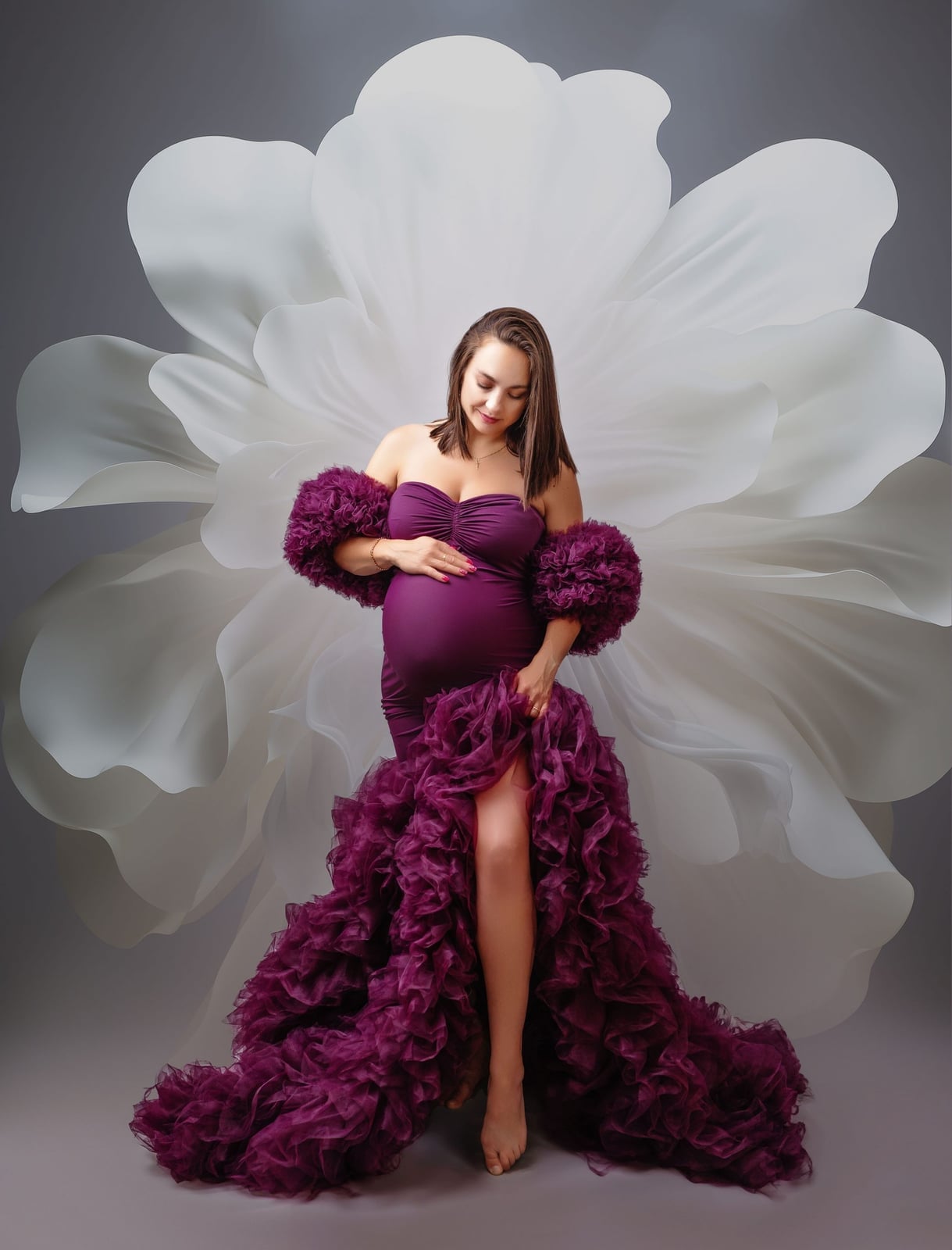 Purple Off-Shoulder Ruffled Dress, Close-Up Take Purple Off-Shoulder Ruffled Dress, Close-Up Take — Classy Maternity Photoshoot Outfits