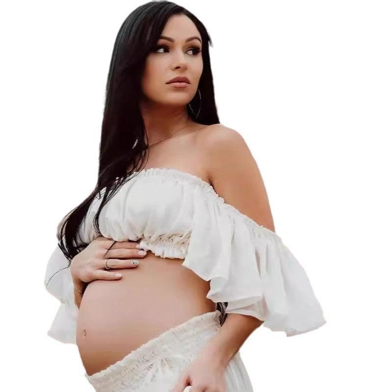 White Ruffled Crop Top Set, Close-Up Take White Ruffled Crop Top Set, Close-Up Take — Classy Maternity Photoshoot Outfits
