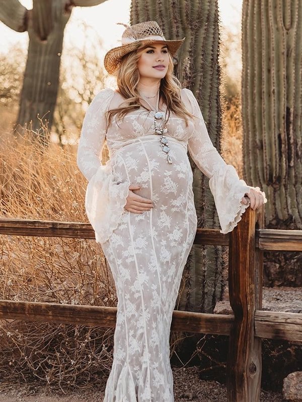 Ivory Lace Maxi Dress with Hat, Close-Up Take Ivory Lace Maxi Dress with Hat, Close-Up Take — Classy Maternity Photoshoot Outfits