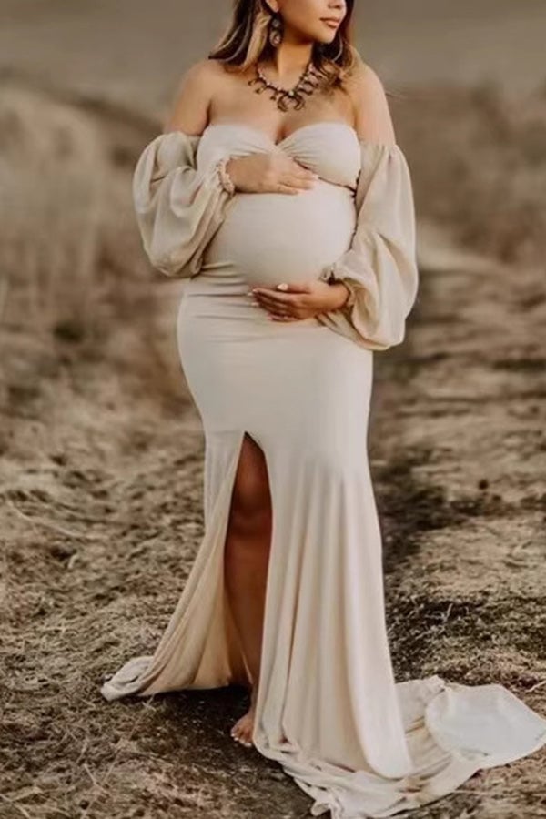 Pale Beige Off-Shoulder Maxi Dress Pale Beige Off-Shoulder Maxi Dress — Classy Maternity Photoshoot Outfits