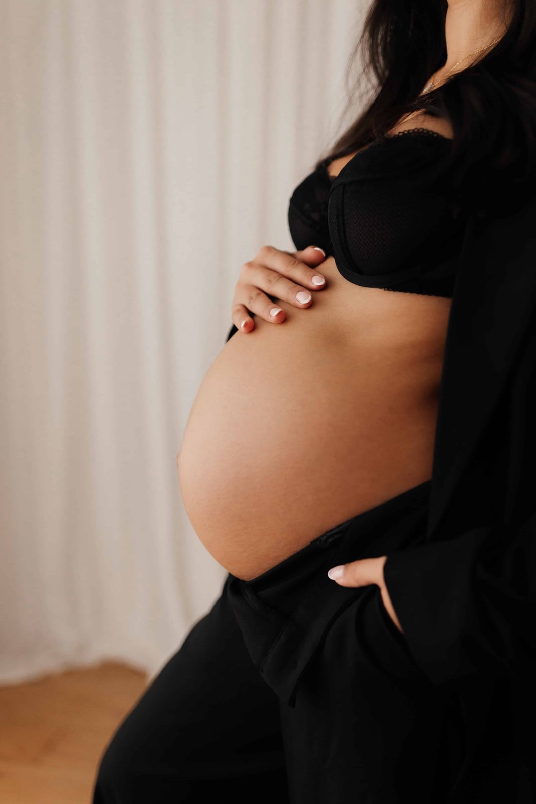 Black Lace Bra and Silk Robe Black Lace Bra and Silk Robe — Classy Maternity Photoshoot Outfits