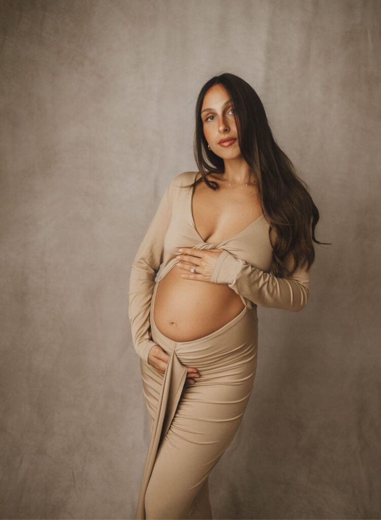 Neutral Beige Draped Jersey Dress Neutral Beige Draped Jersey Dress — Classy Maternity Photoshoot Outfits
