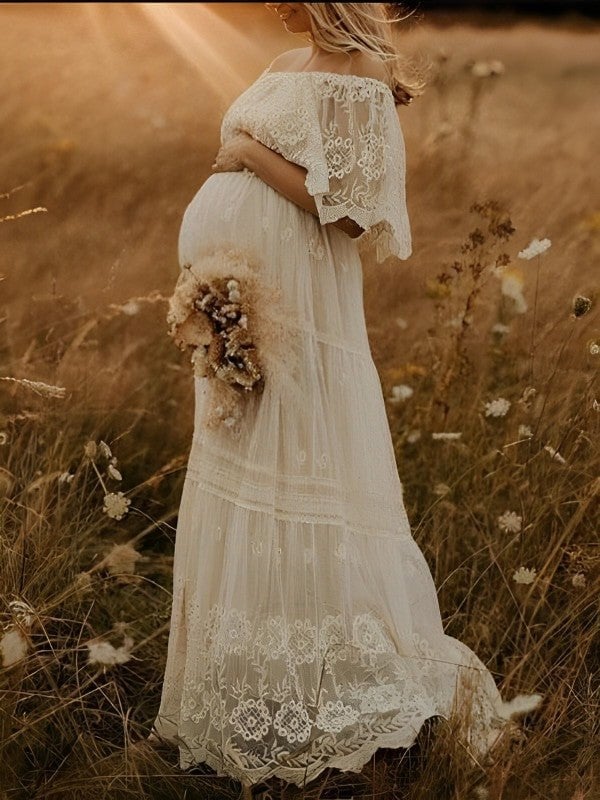 Ivory Lace Off-Shoulder Maxi Ivory Lace Off-Shoulder Maxi — Classy Maternity Photoshoot Outfits