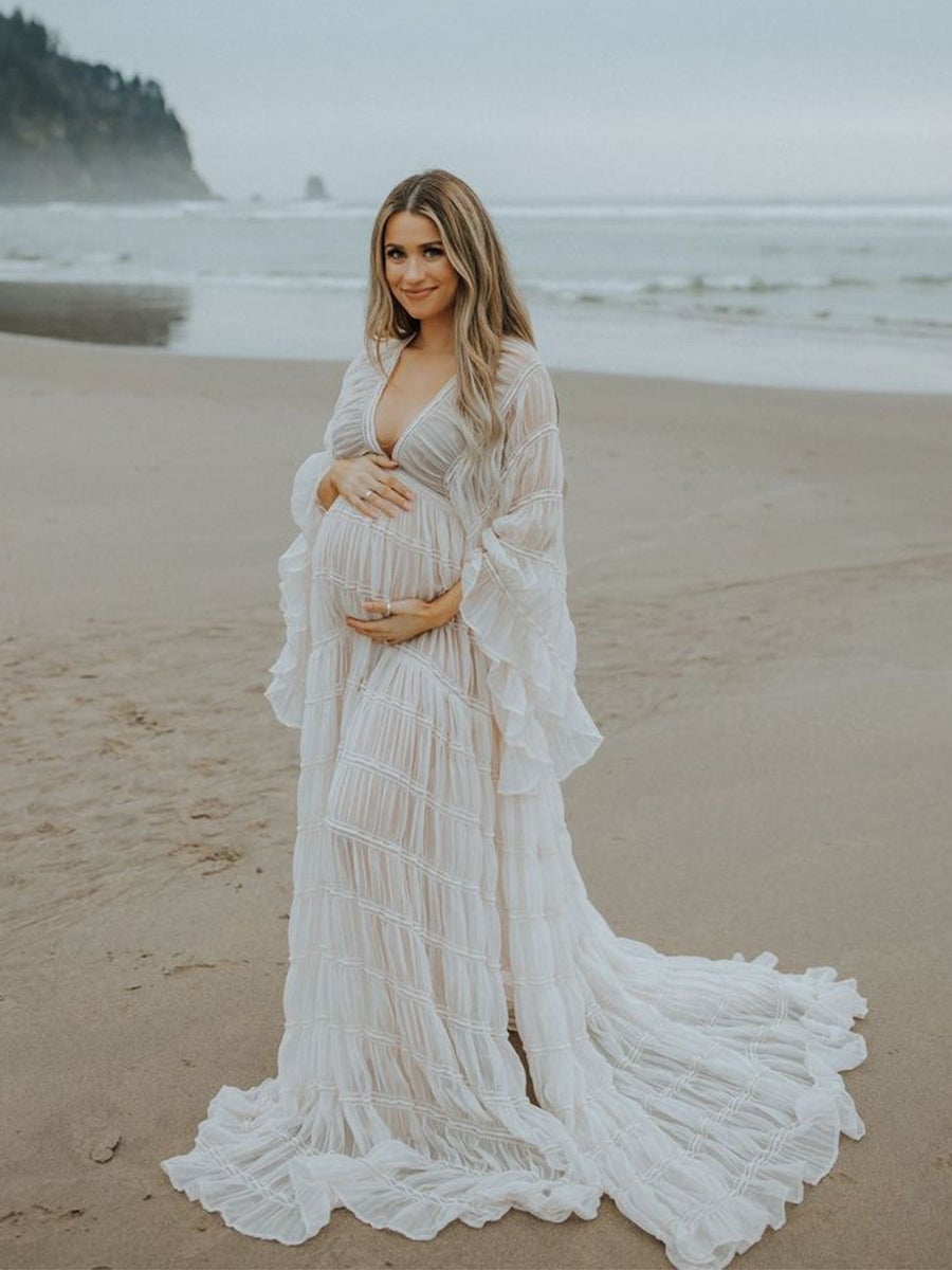 White Flowing Sheer Maxi Dress White Flowing Sheer Maxi Dress — Classy Maternity Photoshoot Outfits