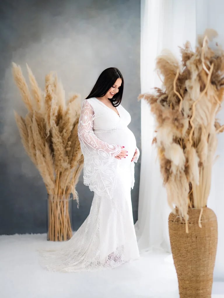 White Lace Long-Sleeve Maternity Dress White Lace Long-Sleeve Maternity Dress — Classy Maternity Photoshoot Outfits