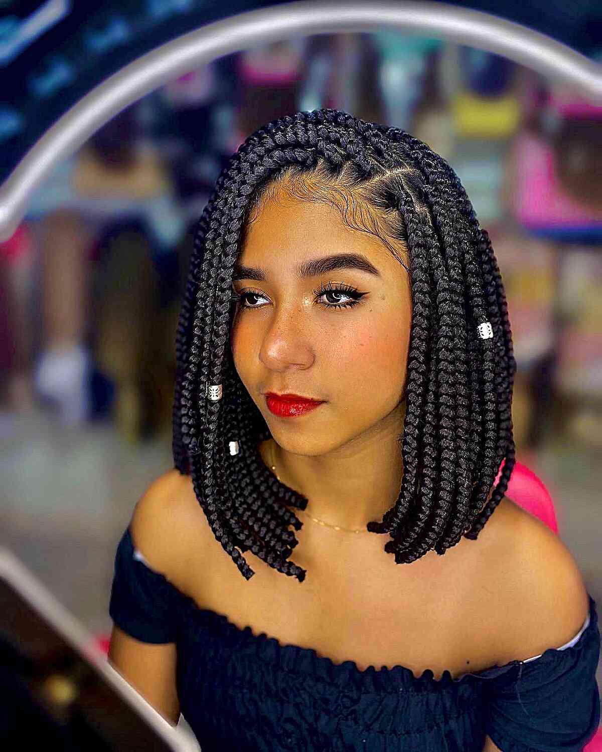Collarbone Box Braids With Silver Beads Collarbone Box Braids With Silver Beads — Classy Medium Braids