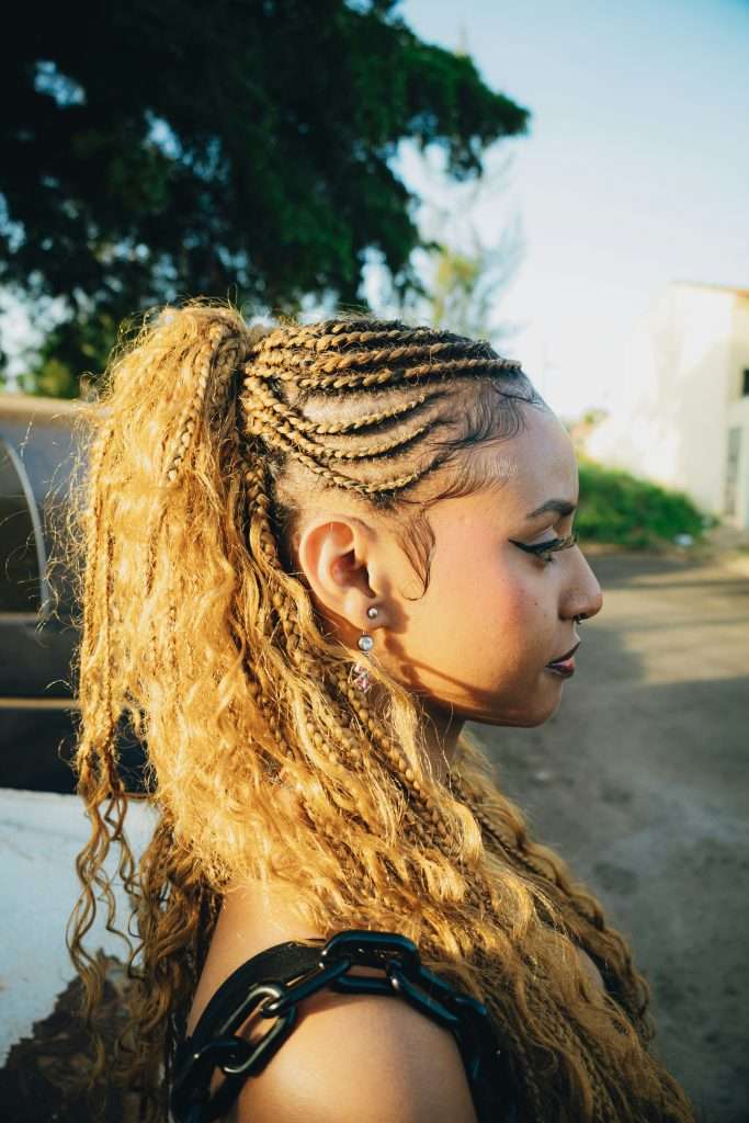 Blonde Braids In Ponytail With Curly Ends Blonde Braids In Ponytail With Curly Ends — Classy Medium Braids