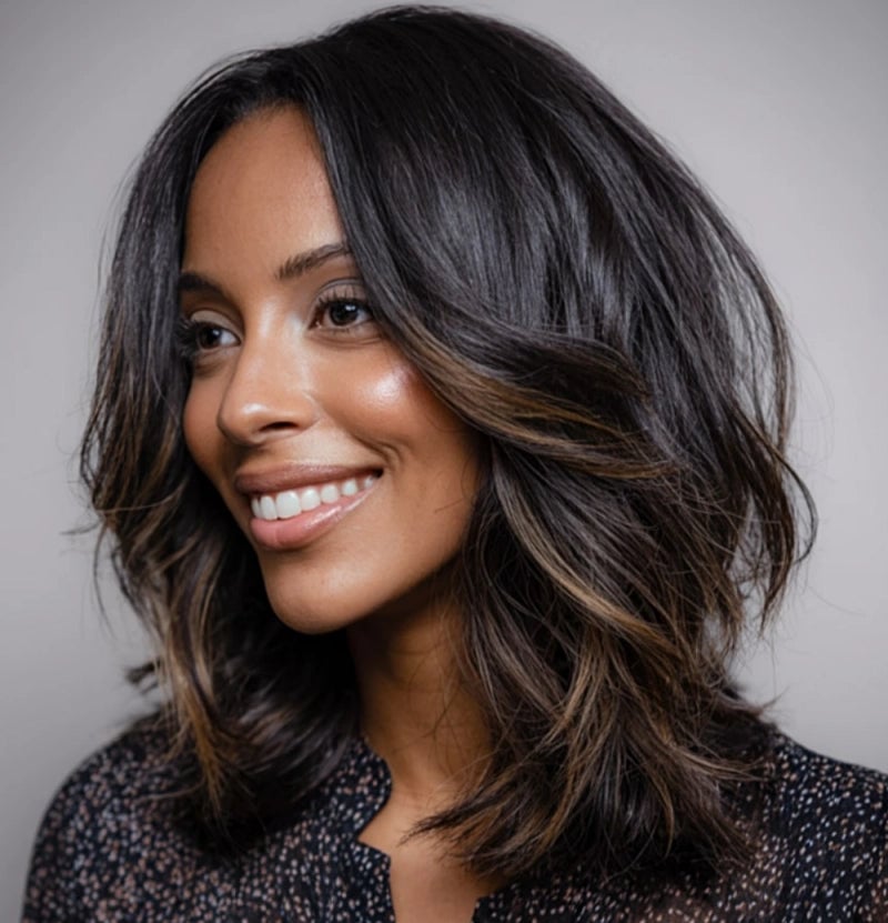 Dark Brown Lob With Caramel Highlights Dark Brown Lob With Caramel Highlights — Classy Mid Length Haircuts