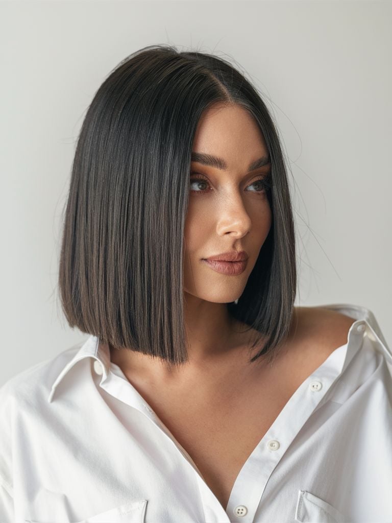 Sleek Dark Brown Chin Bob, Side, Close-Up Take Sleek Dark Brown Chin Bob, Side, Close-Up Take — Classy Mid Length Haircuts