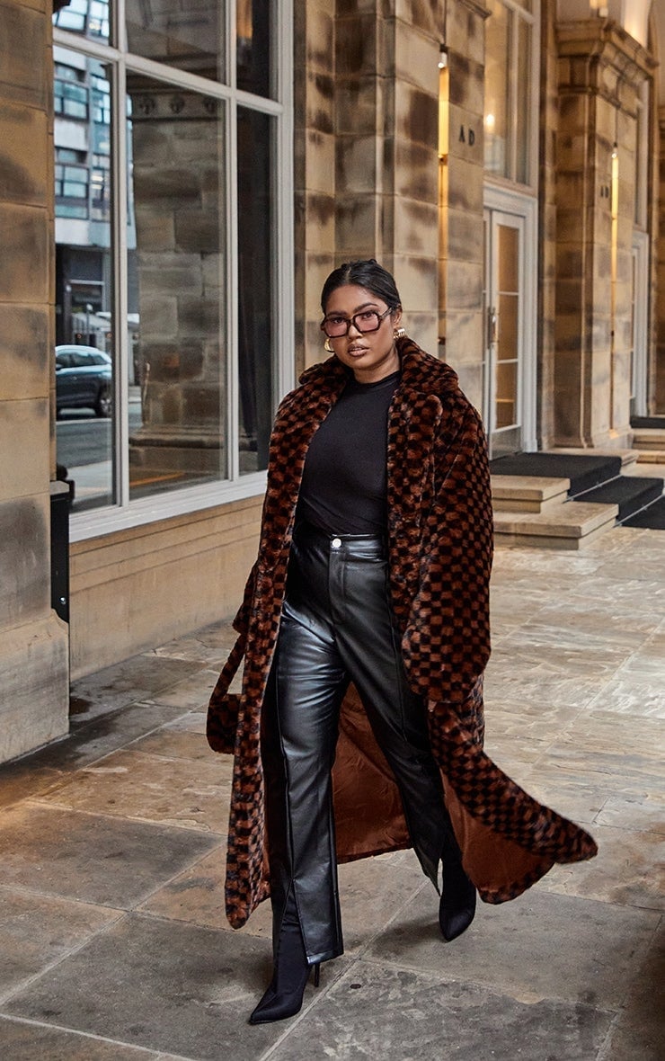 Checkered Faux Fur Coat with Split-Leg Leather Pants Checkered Faux Fur Coat with Split-Leg Leather Pants — Classy Mob Wife Outfits