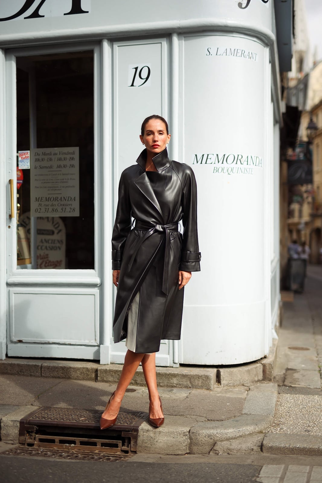 Black Leather Trench Coat Over Gray Skirt with Pointed Heels Black Leather Trench Coat Over Gray Skirt with Pointed Heels — Classy Mob Wife Outfits
