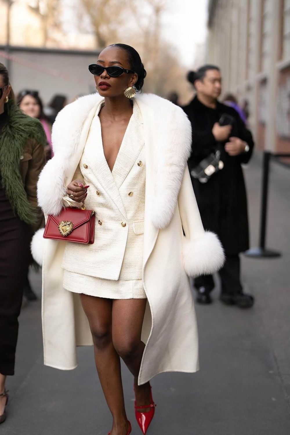 White Textured Blazer Dress with Faux Fur Trim Coat and Red Accents White Textured Blazer Dress with Faux Fur Trim Coat and Red Accents — Classy Mob Wife Outfits