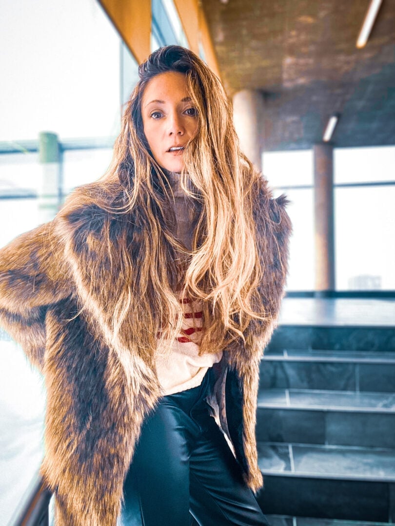 Brown Faux Fur Jacket Over Striped Top with Leather Pants Brown Faux Fur Jacket Over Striped Top with Leather Pants — Classy Mob Wife Outfits