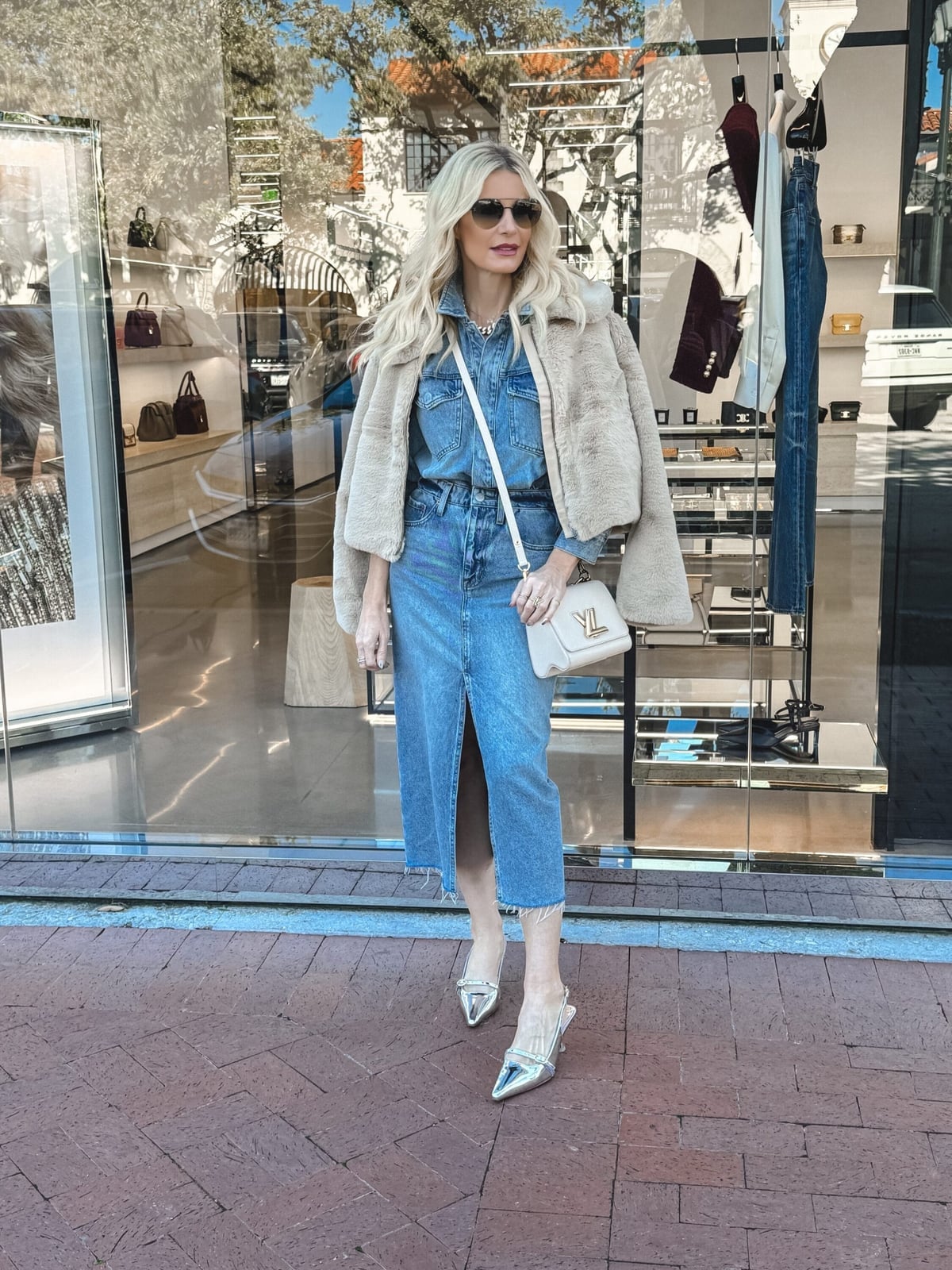 Beige Faux Fur Jacket with Denim Shirt and Midi Skirt Beige Faux Fur Jacket with Denim Shirt and Midi Skirt — Classy Mob Wife Outfits
