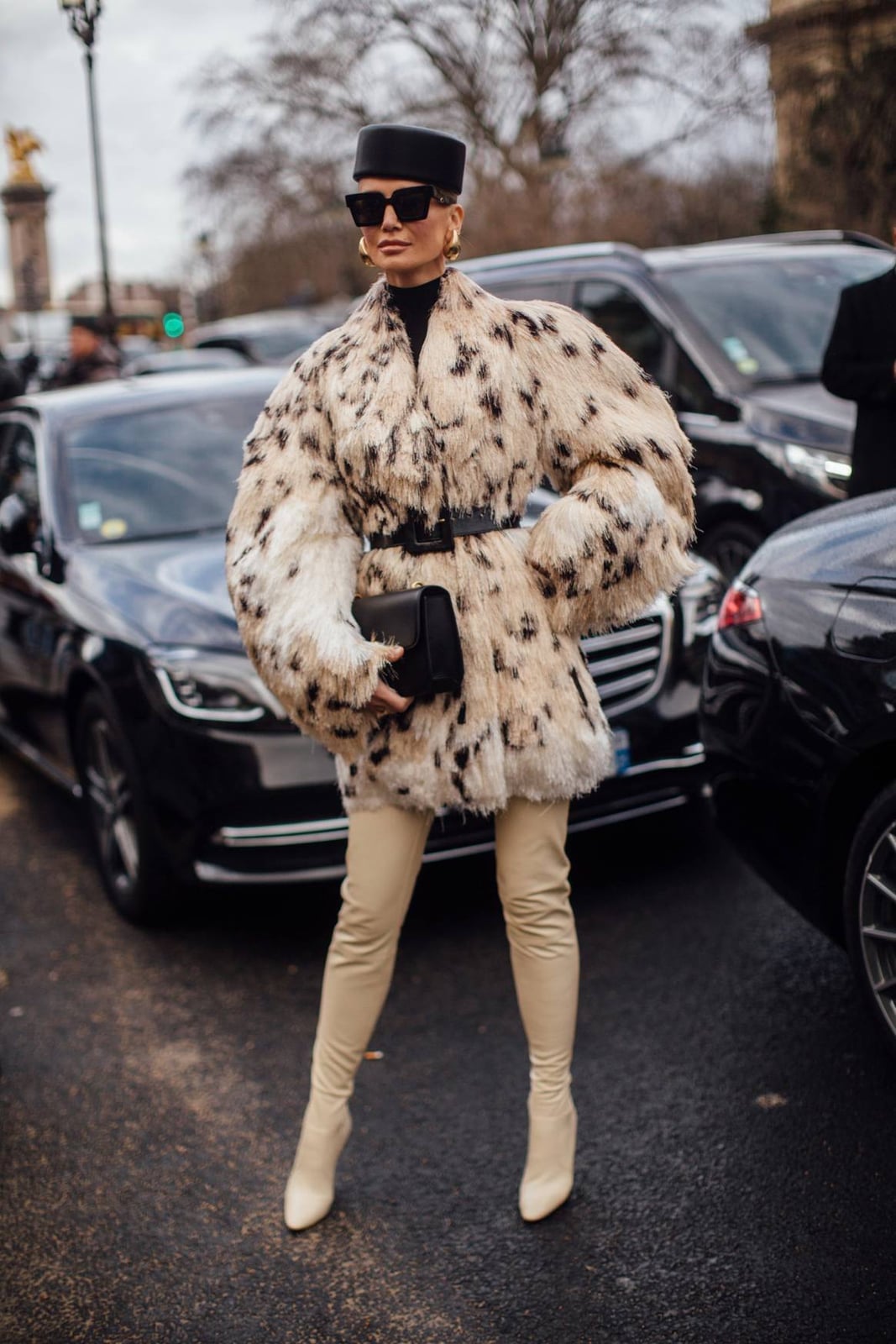Leopard Print Faux Fur Coat with Cream Trousers and Black Accessories Leopard Print Faux Fur Coat with Cream Trousers and Black Accessories — Classy Mob Wife Outfits