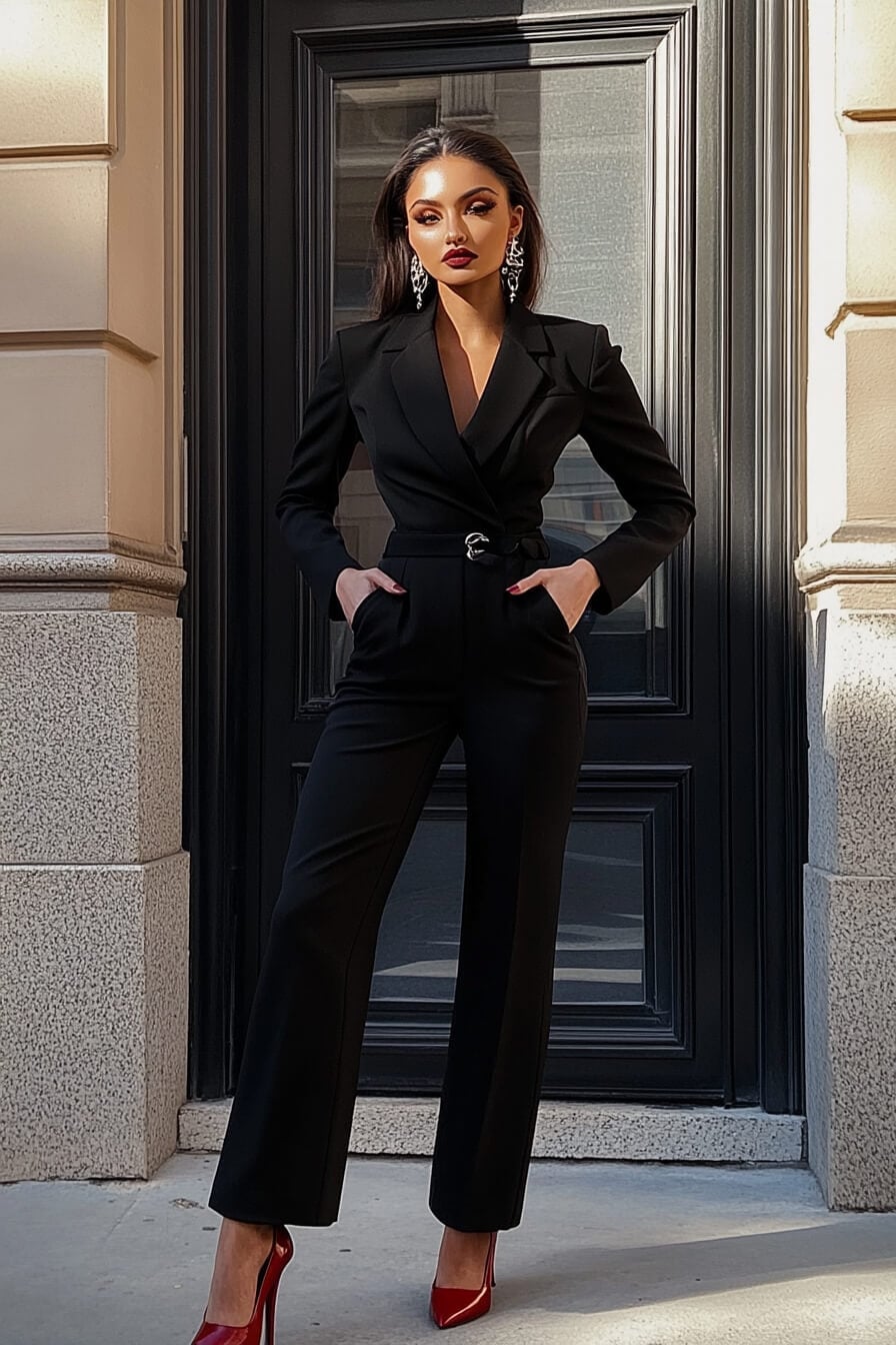 Black Double-Breasted Blazer Jumpsuit with Red Heels Black Double-Breasted Blazer Jumpsuit with Red Heels — Classy Mob Wife Outfits