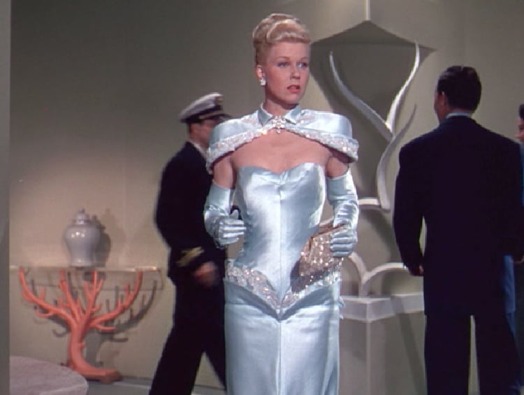 Light Blue Satin Dress with Capelet and Gloves — Classy Movies Dresses