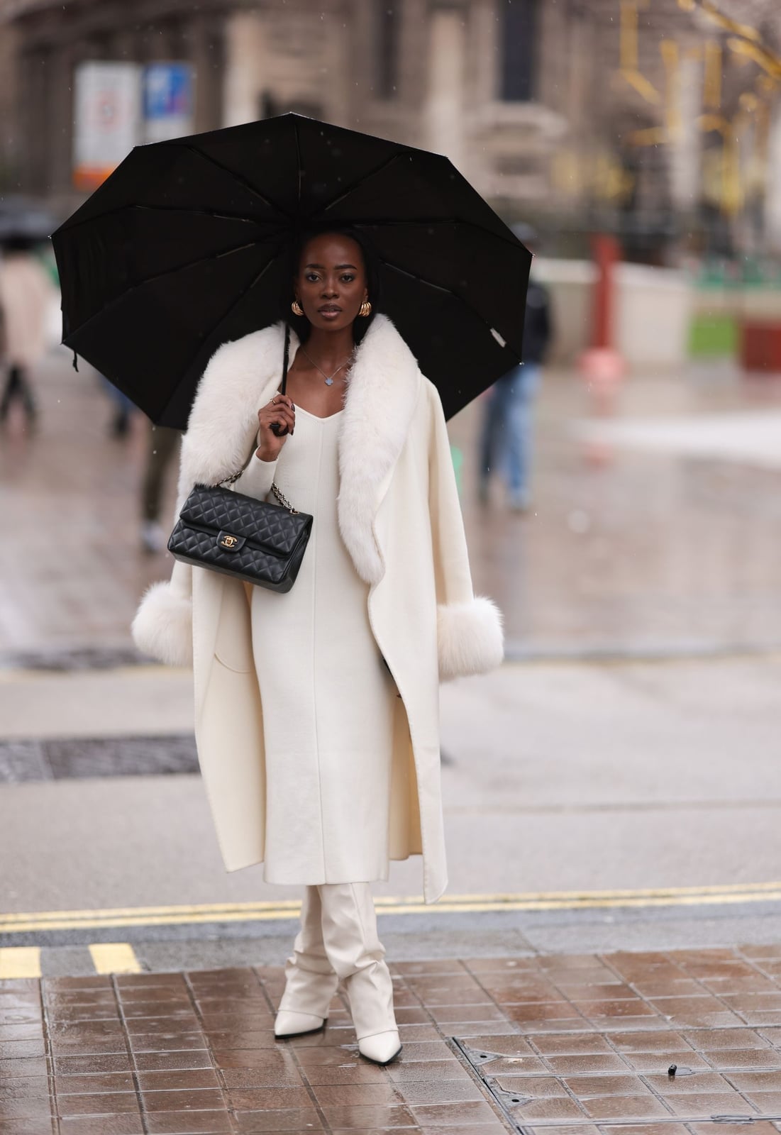 Cream Midi Dress with Faux Fur Coat — Classy Movies Dresses