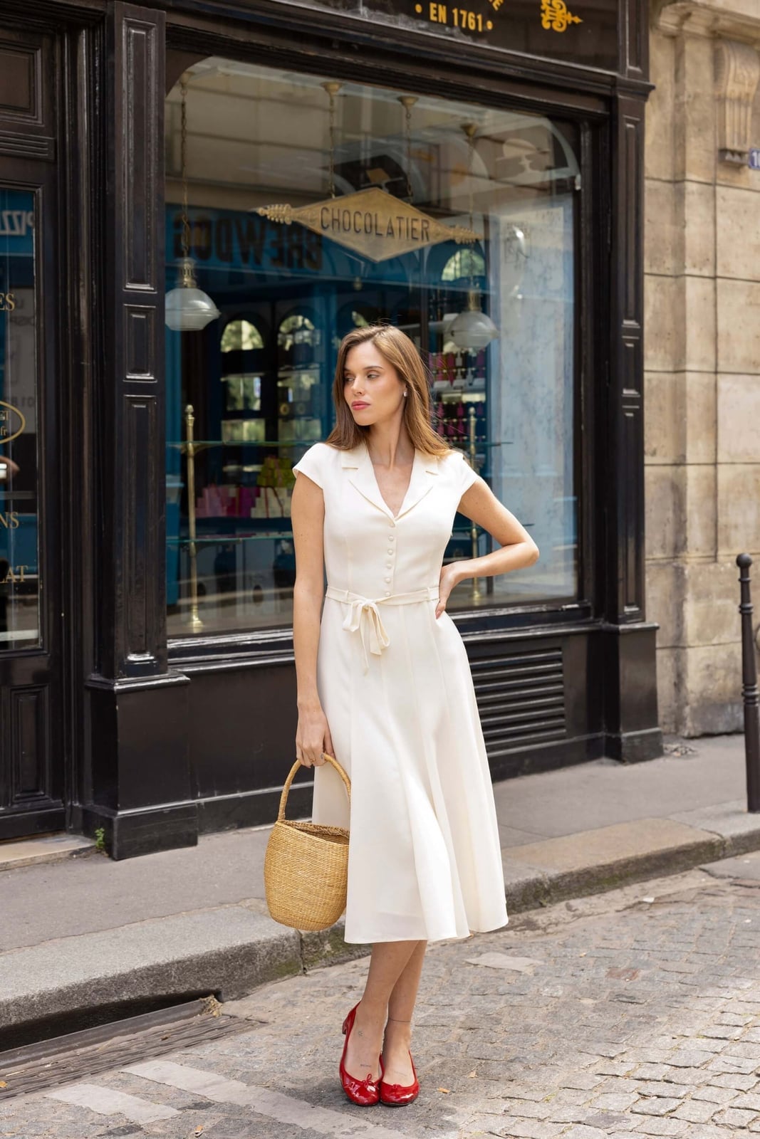 Ivory Shirt Dress with Tie Waist and Red Pointed-Toe Heels — Classy Movies Dresses