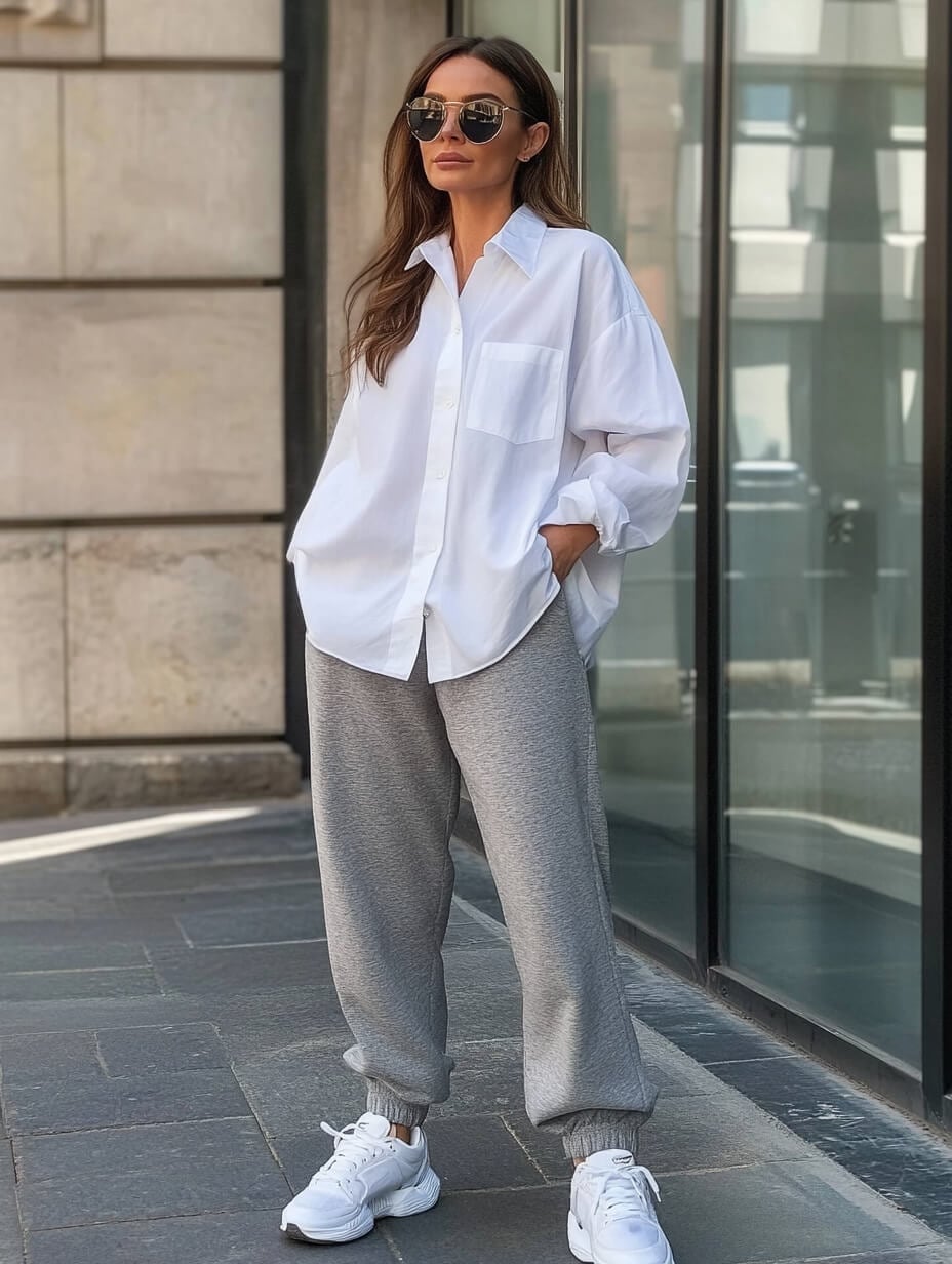 Oversized White Shirt with Gray Sweatpants and Sneakers, Close-Up Take Oversized White Shirt with Gray Sweatpants and Sneakers, Close-Up Take — Classy Mujer Outfits