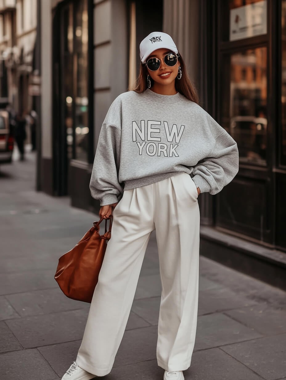 Gray 'New York' Sweatshirt with White Wide-Leg Trousers Gray 'New York' Sweatshirt with White Wide-Leg Trousers — Classy Mujer Outfits