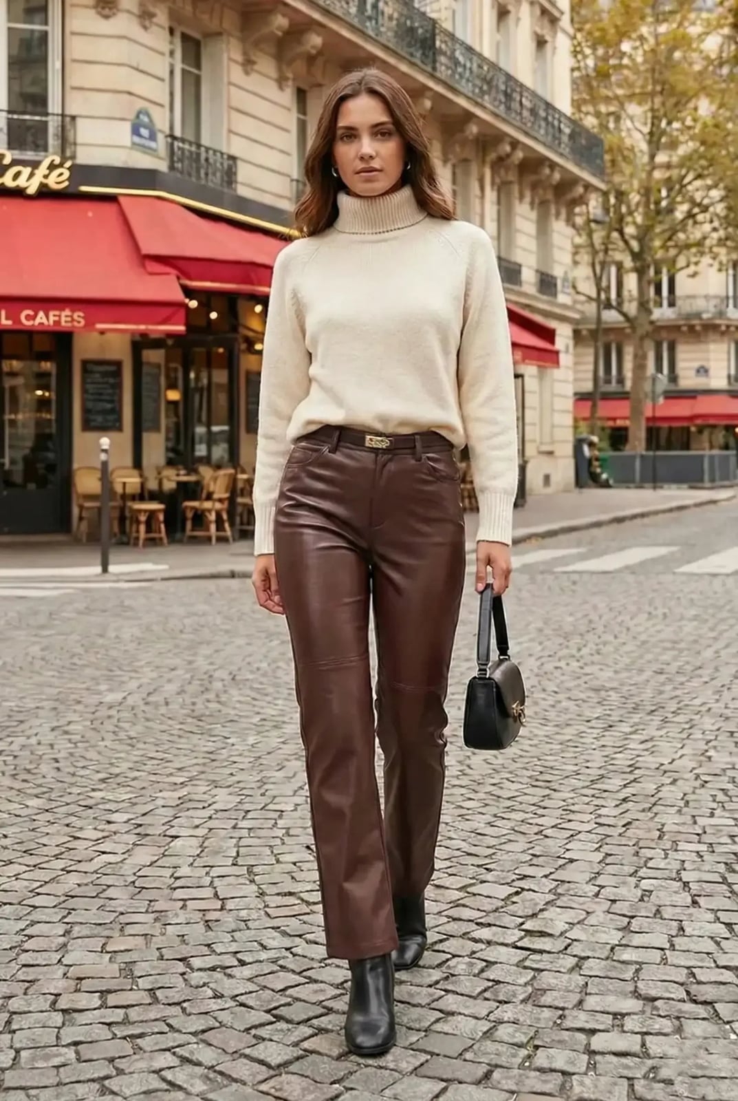 Cream Turtleneck Sweater with Brown Faux Leather Trousers Cream Turtleneck Sweater with Brown Faux Leather Trousers — Classy Mujer Outfits