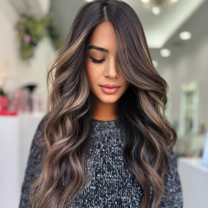 Dark Brown Base With Ash Blonde Highlights And Curtain Bangs Dark Brown Base With Ash Blonde Highlights And Curtain Bangs — Classy Mushroom Brown Hair