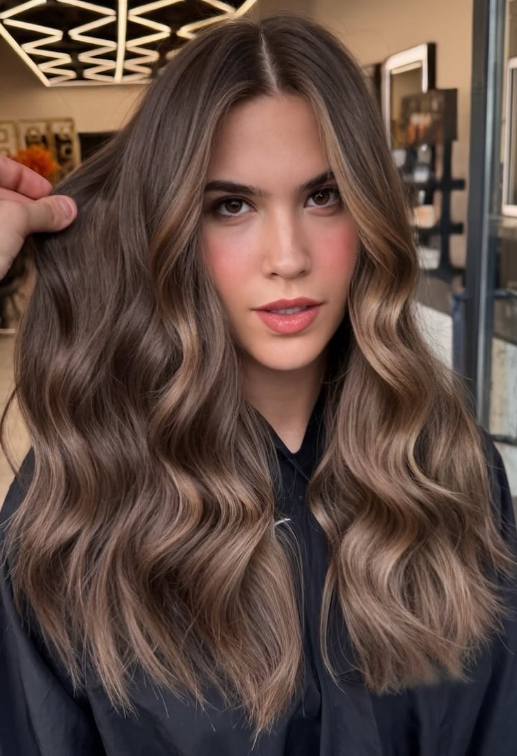 Dimensional Mushroom Brown Balayage With Soft Curtain Bangs Dimensional Mushroom Brown Balayage With Soft Curtain Bangs — Classy Mushroom Brown Hair