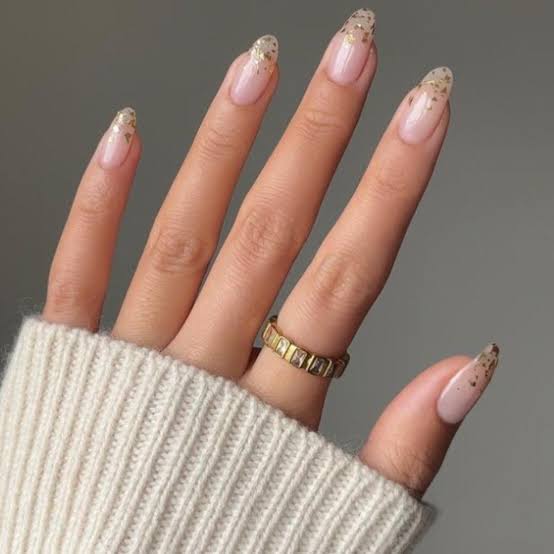Gold Foil Flakes Short Almond Nails Gold Foil Flakes Short Almond Nails — Classy Nail Extensions