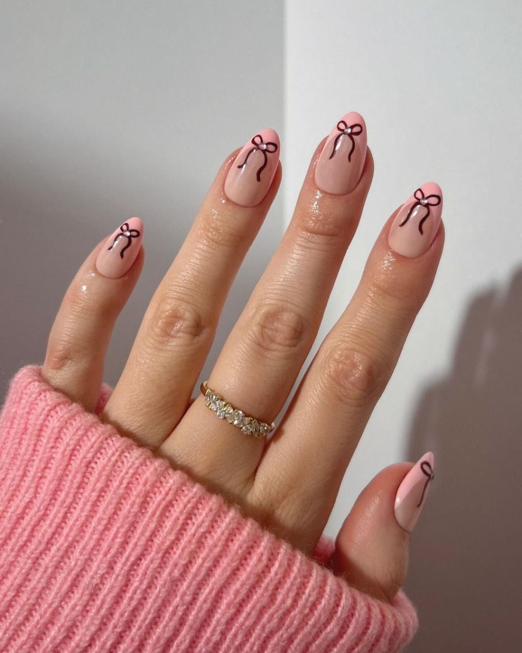 Sheer Pink with Brown Bow Accent Nails Sheer Pink with Brown Bow Accent Nails — Classy Nail Extensions