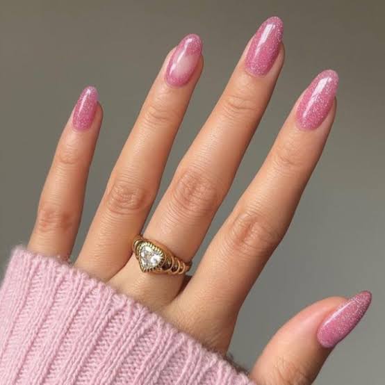 Shimmery Pink Glitter Almond Nails Shimmery Pink Glitter Almond Nails — Classy Nail Extensions