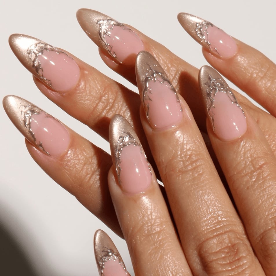 Gold French Tips with Silver Glitter Almonds Gold French Tips with Silver Glitter Almonds — Classy Nail Extensions