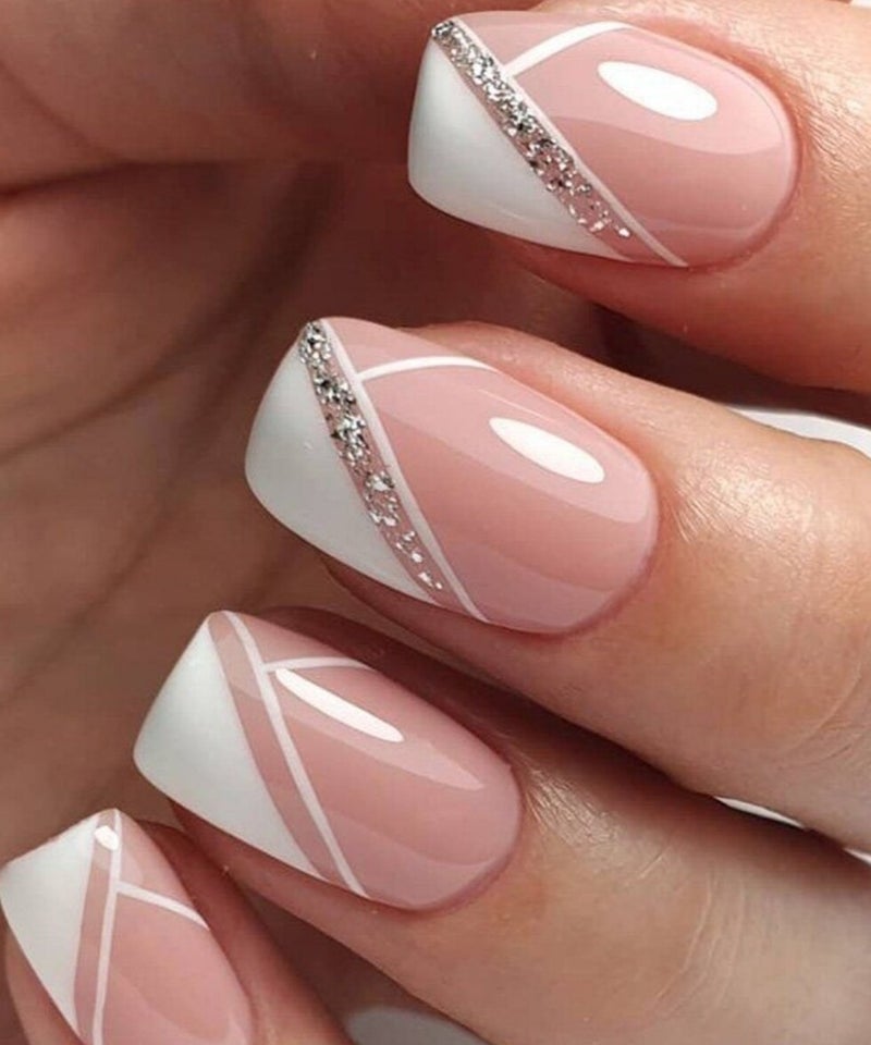 Pink White French Geometric Glitter Nails Pink White French Geometric Glitter Nails — Classy Nail Extensions