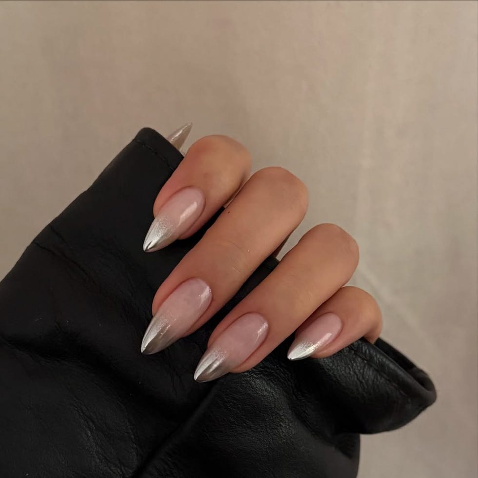 Silver Chrome French Tip Almonds Silver Chrome French Tip Almonds — Classy Nail Extensions