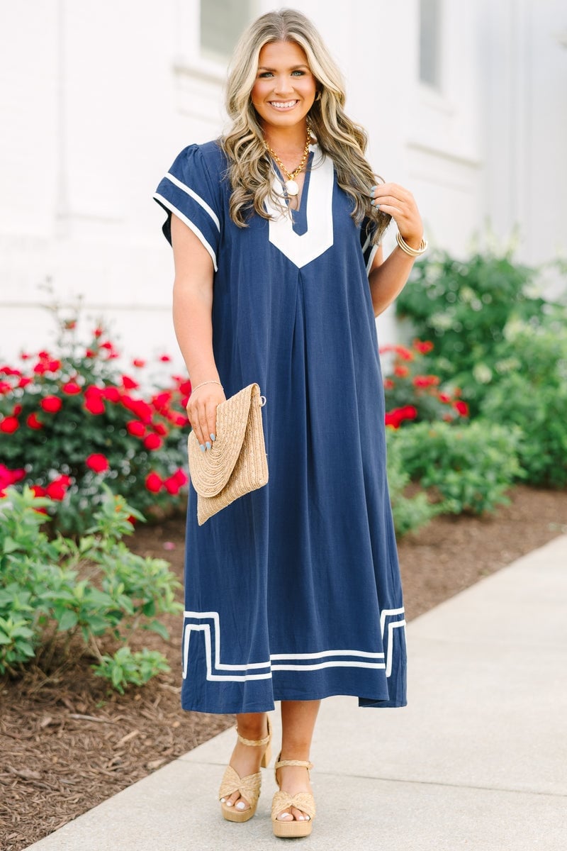 Navy Midi Dress with White Trim Navy Midi Dress with White Trim — Classy Navy Outfits