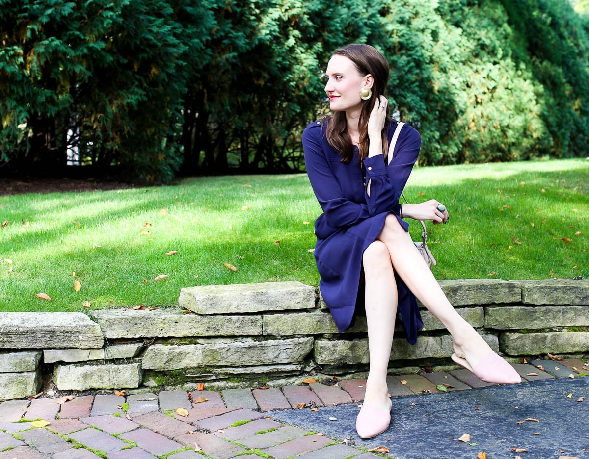 Navy Long-Sleeve Dress with Pink Flats Navy Long-Sleeve Dress with Pink Flats — Classy Navy Outfits