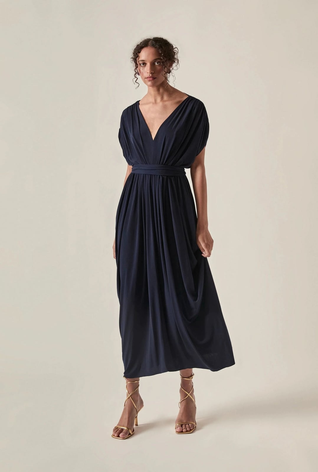 Navy Draped Midi Dress with Dolman Sleeves Navy Draped Midi Dress with Dolman Sleeves — Classy Navy Outfits