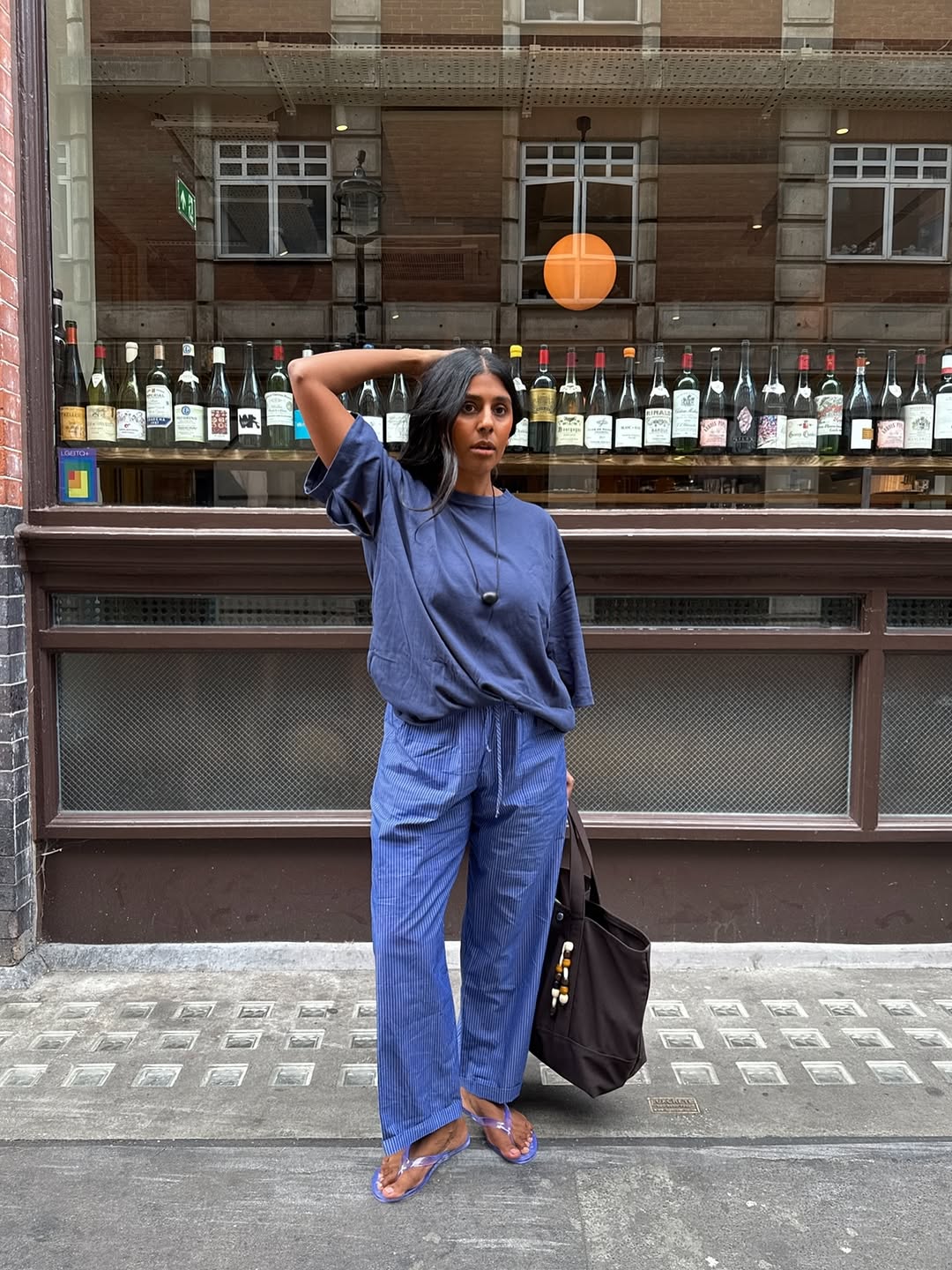 Oversized Navy T-Shirt with Striped Trousers Oversized Navy T-Shirt with Striped Trousers — Classy Navy Outfits