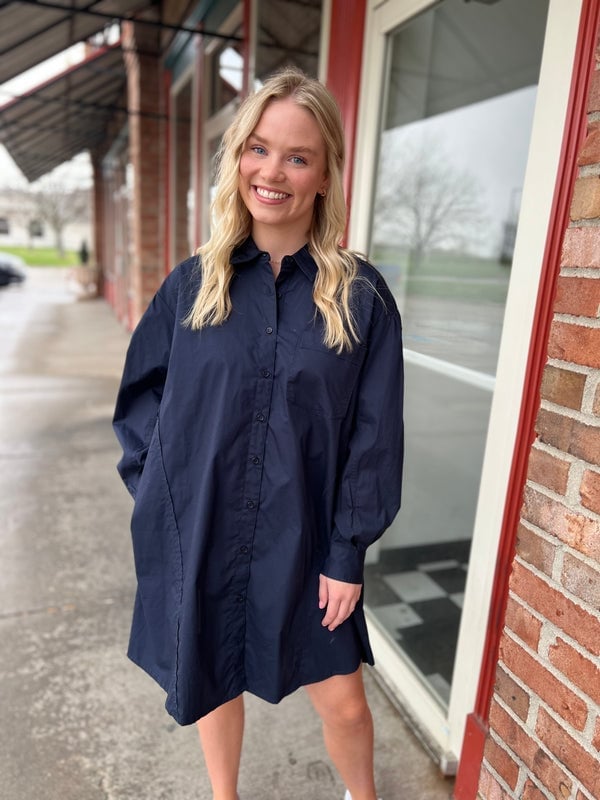 Oversized Navy Button-Down Shirt Dress Oversized Navy Button-Down Shirt Dress — Classy Navy Outfits